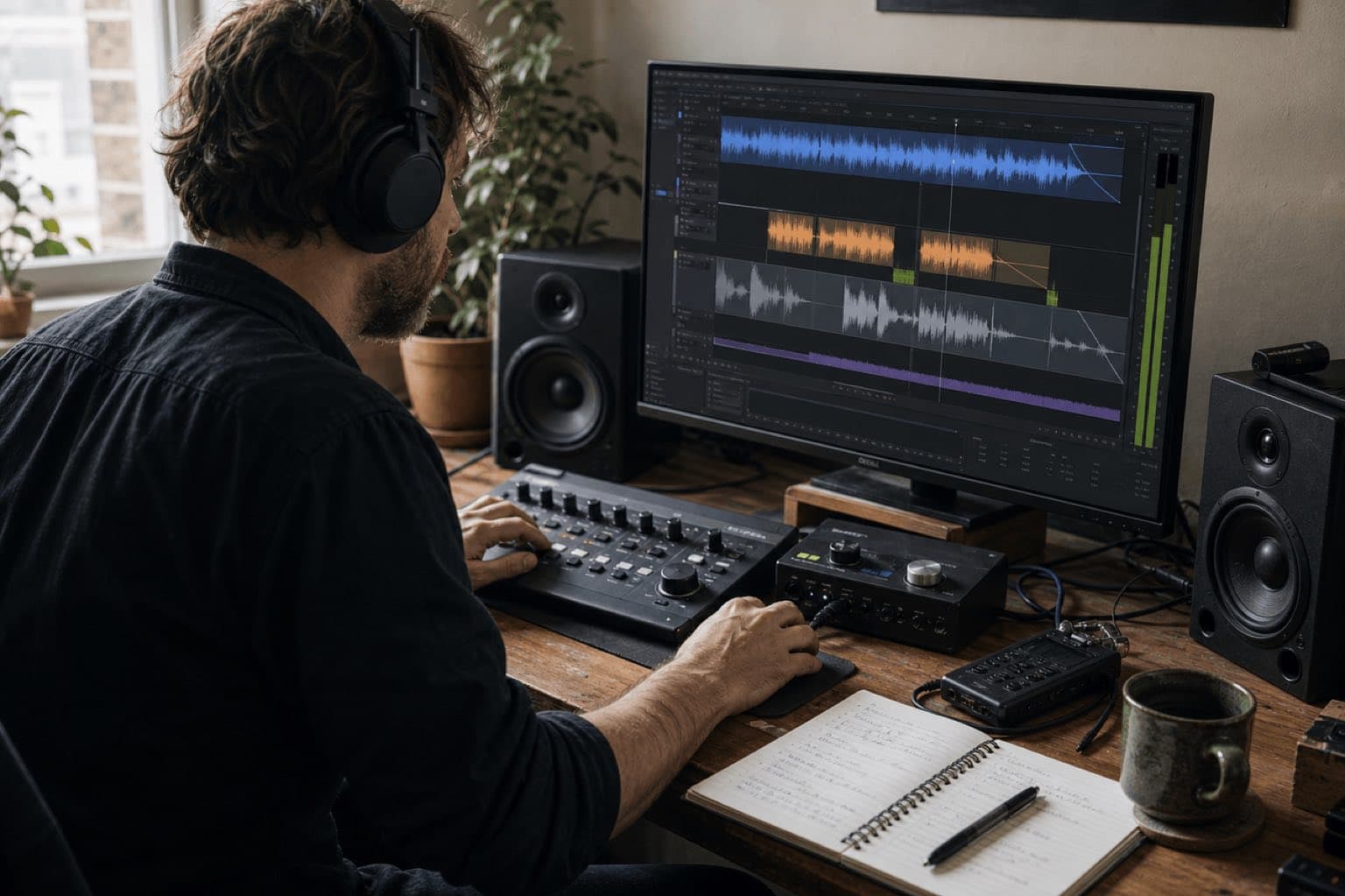 An audio editor works with dialogue, music, and effects in a real home studio