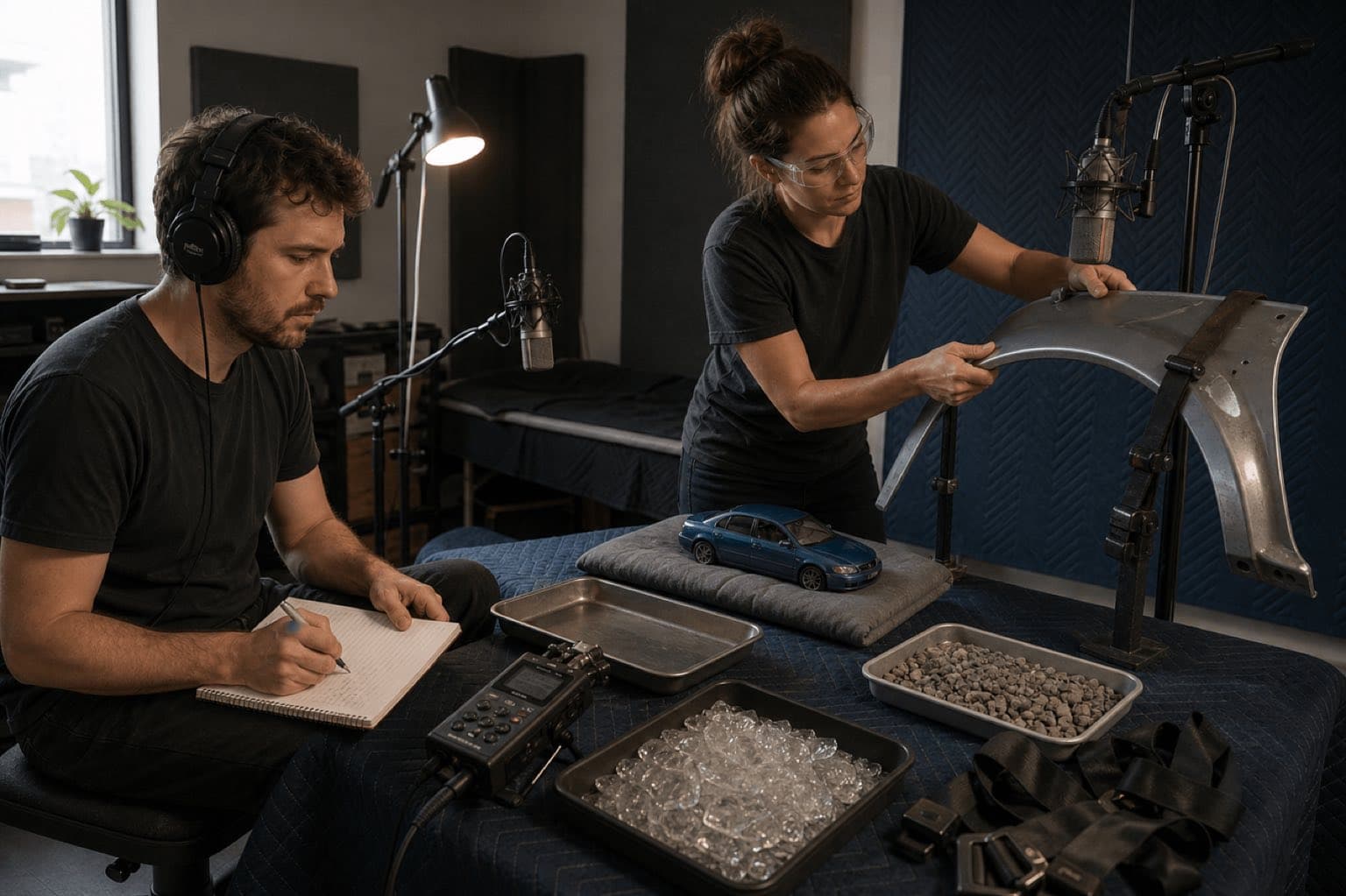 Dos artistas Foley diseñan un choque con panel ligero y props seguros