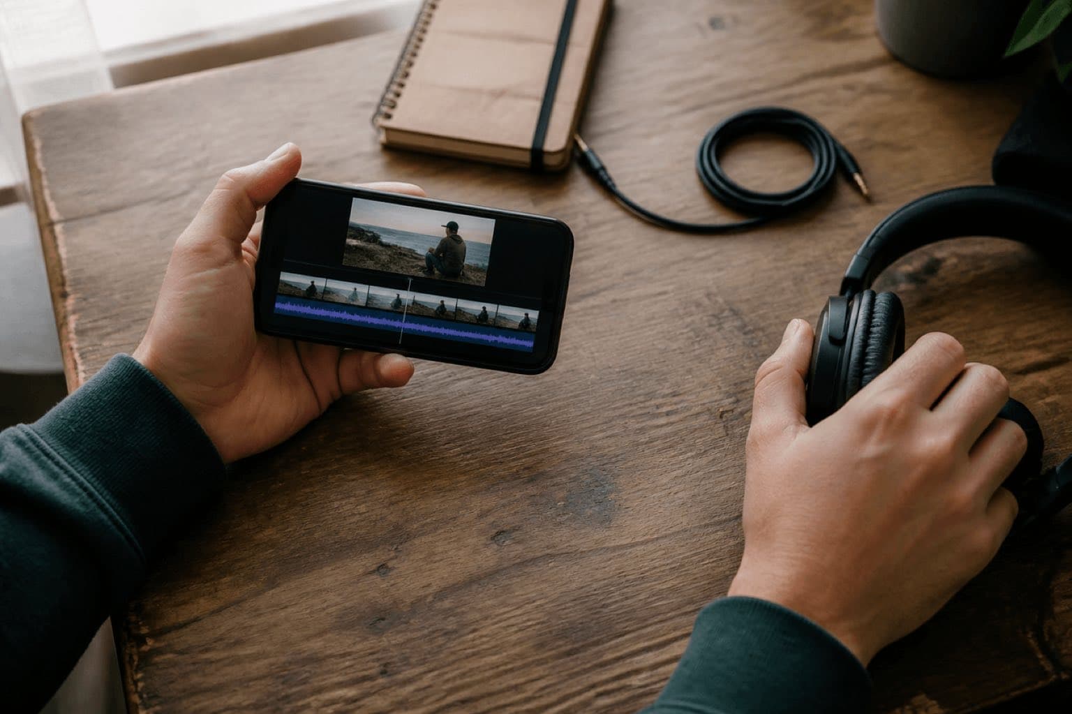 Creator reviews a video timeline and soundtrack on a phone beside headphones