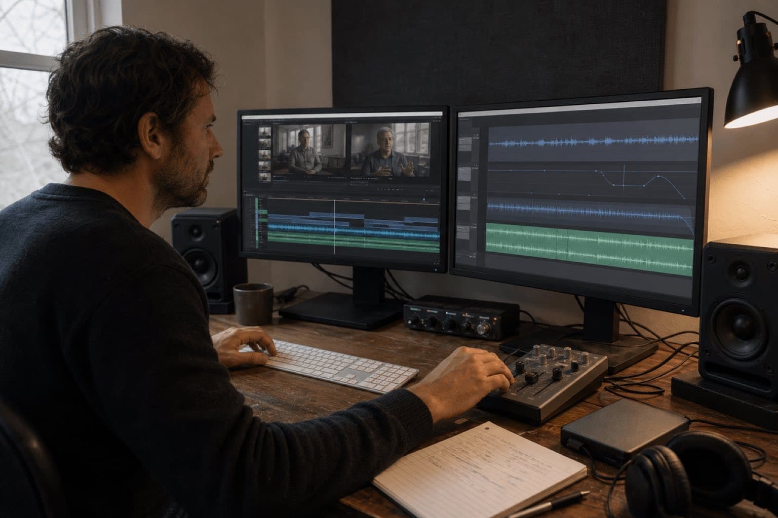 Editor adjusts music keyframes under an interview in a desktop editing suite