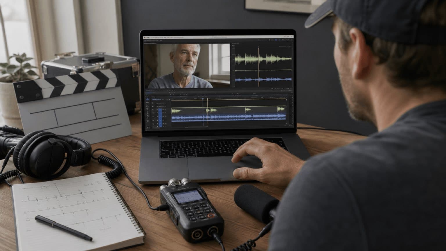 Editor alinea camera audio de referencia y field-recorder forma de onda con claqueta