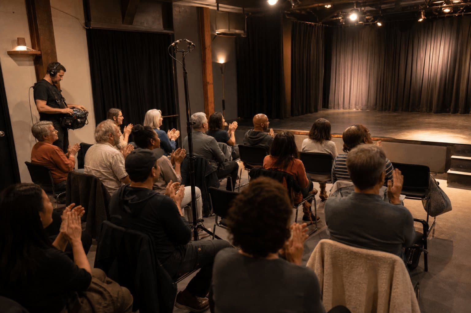 A sound recordist captures a small theater audience applauding