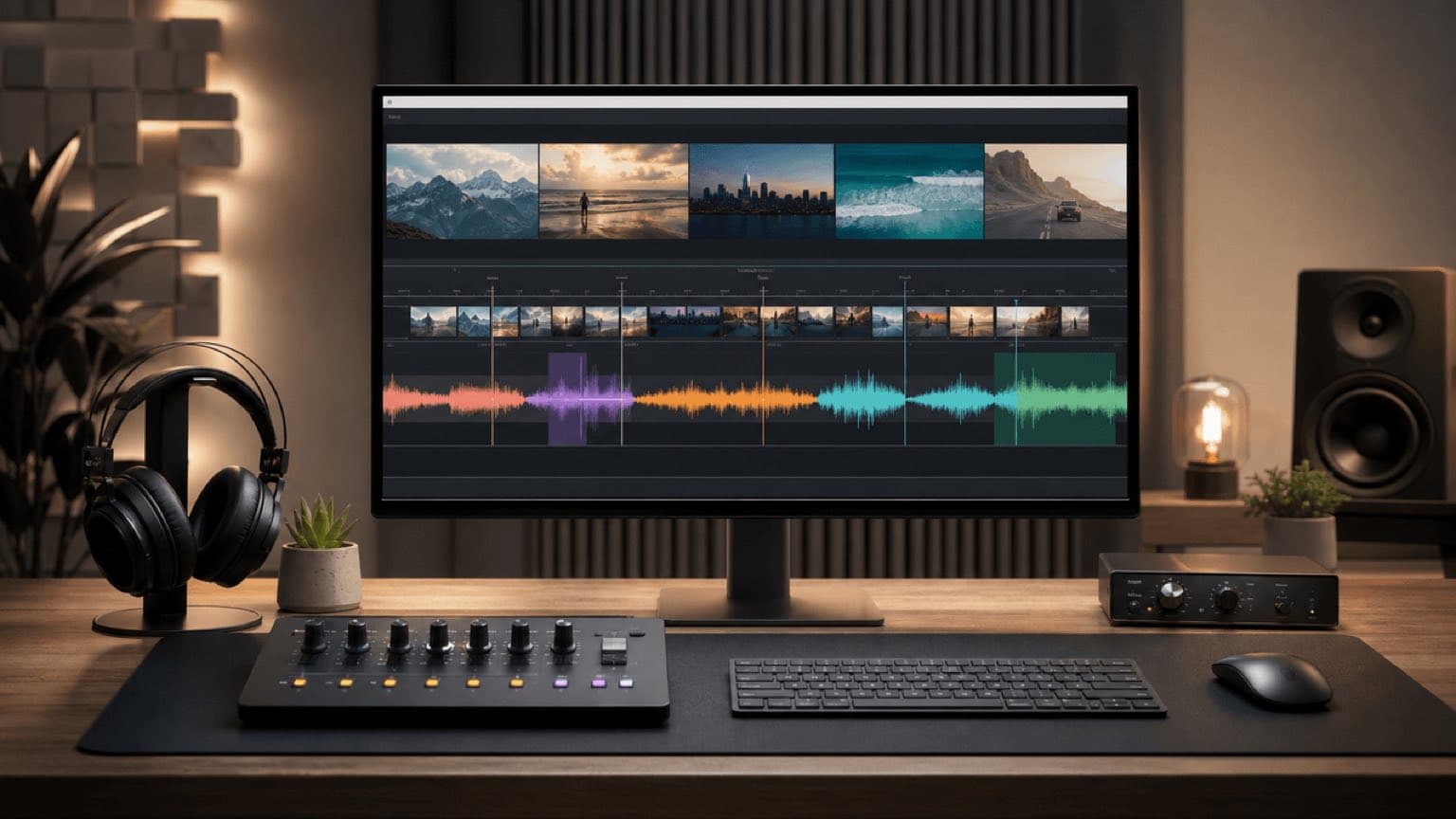 Original editorial illustration of a video timeline aligned with a music waveform