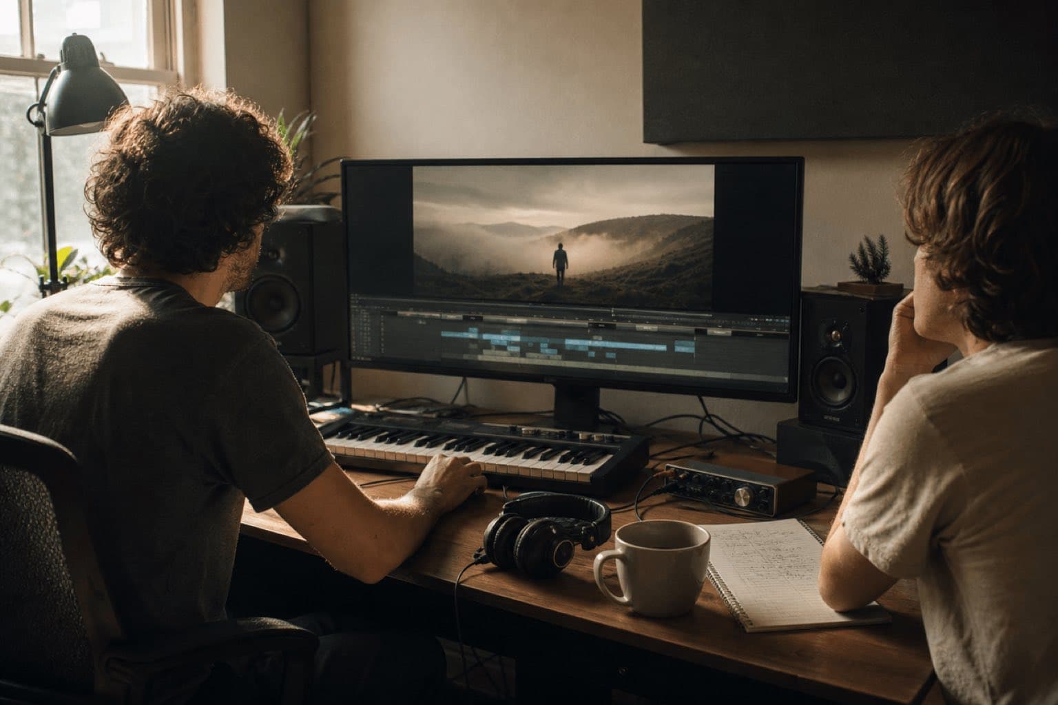 Original photograph-style editorial image of a film editor and composer reviewing a scene