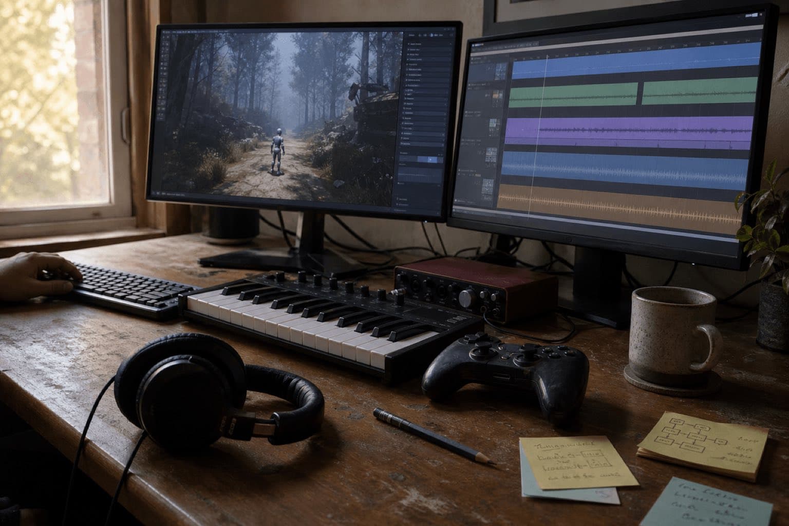Imagen editorial original de mesa de audio para videojuegos con motor, timeline, teclado, auriculares y mando