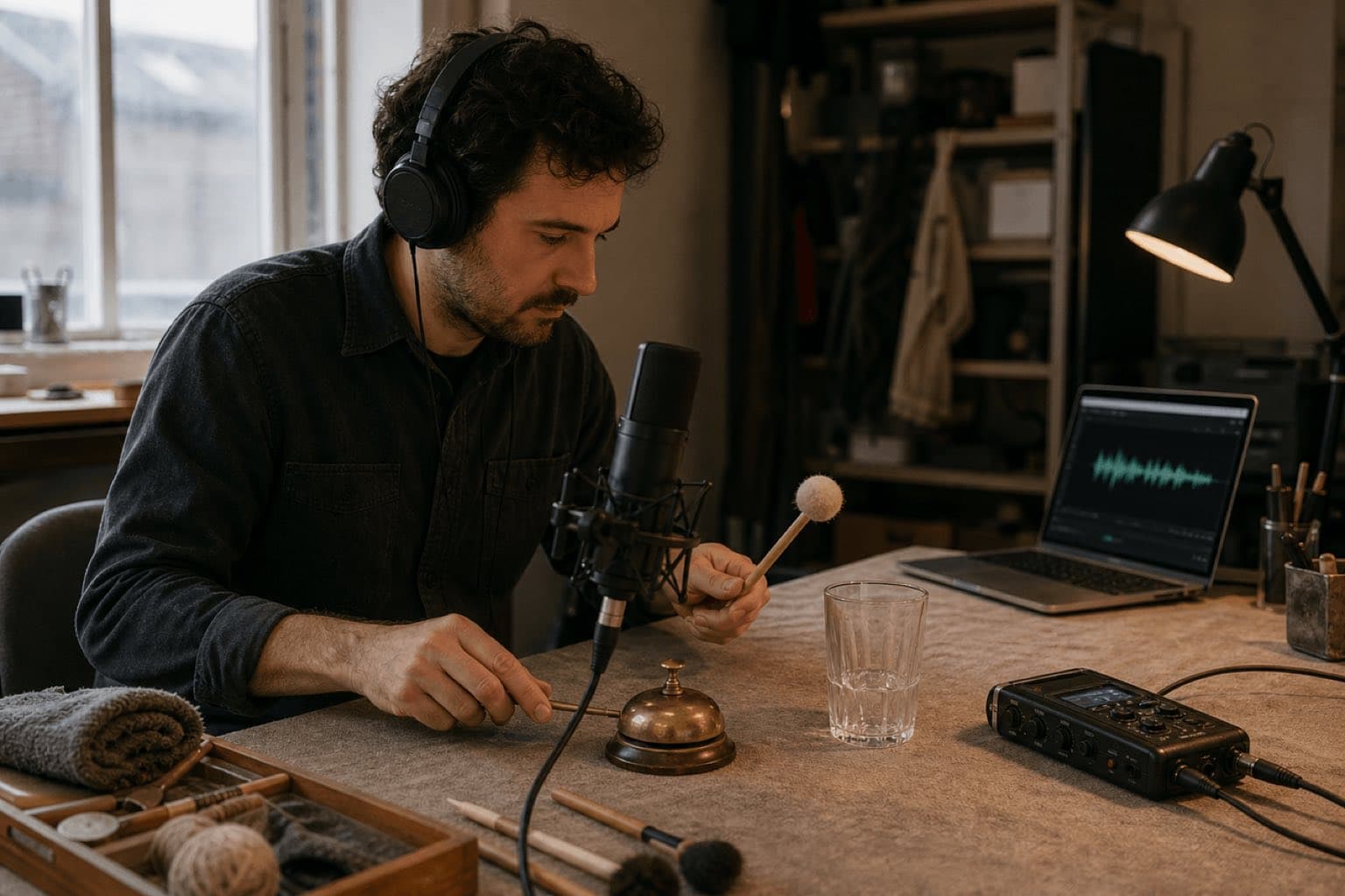 Sound designer records a desk bell and glass in a Foley studio