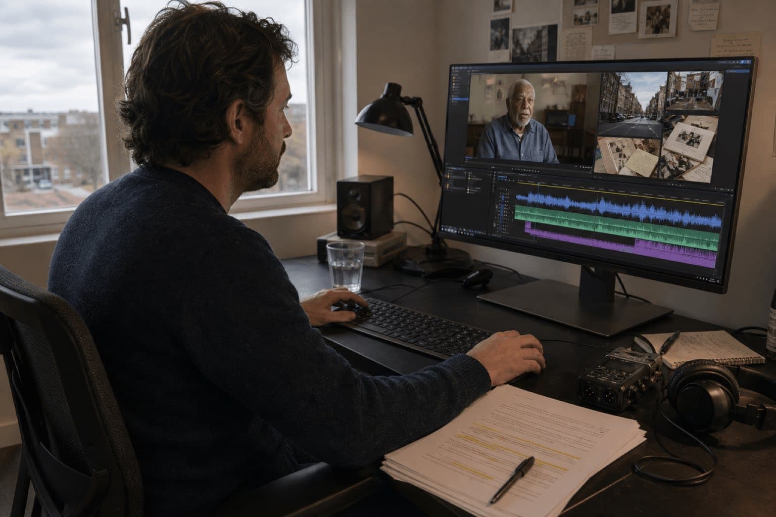 Documentary editor reviews interview, archive, natural sound, and music on separate tracks