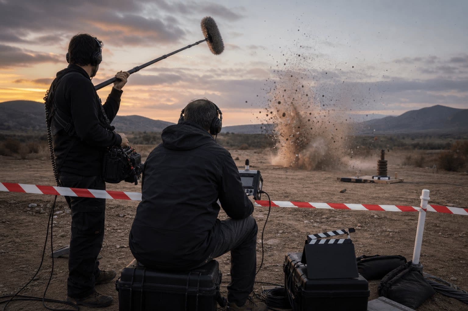 Two sound recordists capture a controlled practical effect from a marked safe area
