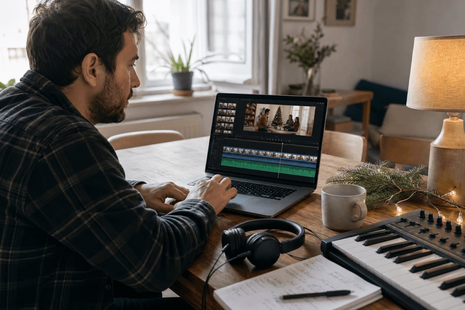 A creator edits a Christmas video with an audio waveform at a real home table