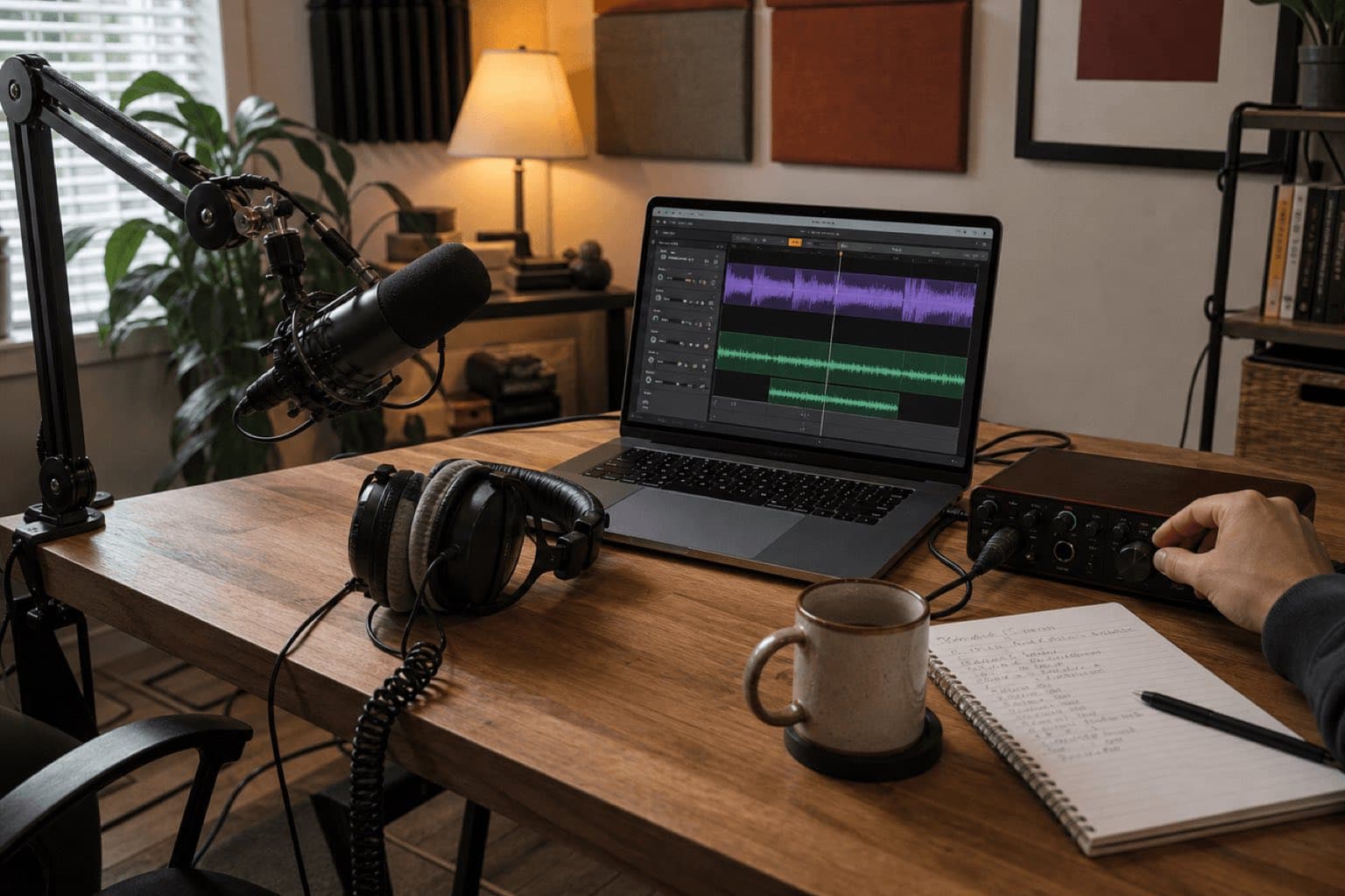 Real podcast editing workspace with microphone, headphones, audio interface, and multitrack session