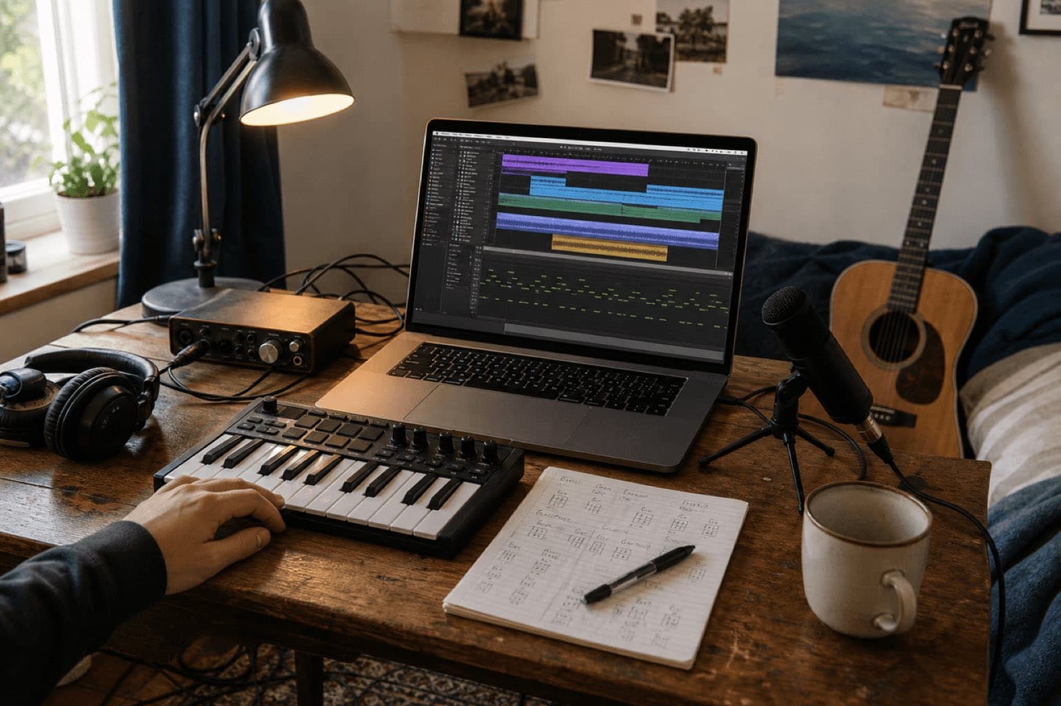 Estudio doméstico real con portátil, teclado MIDI, guitarra, micrófono, auriculares e interfaz de audio