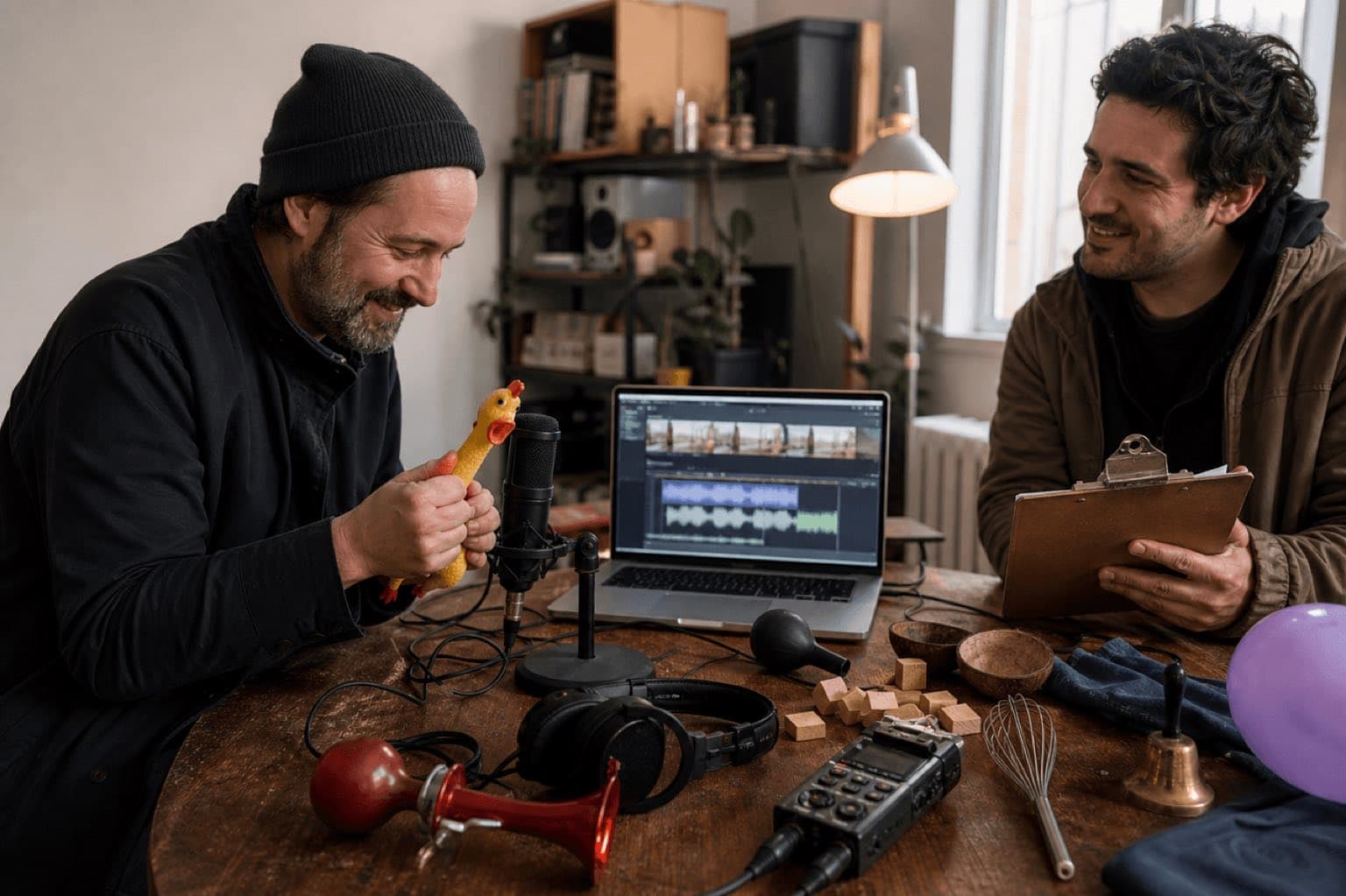Dos diseñadores graban efectos de comedia con juguete de goma y props