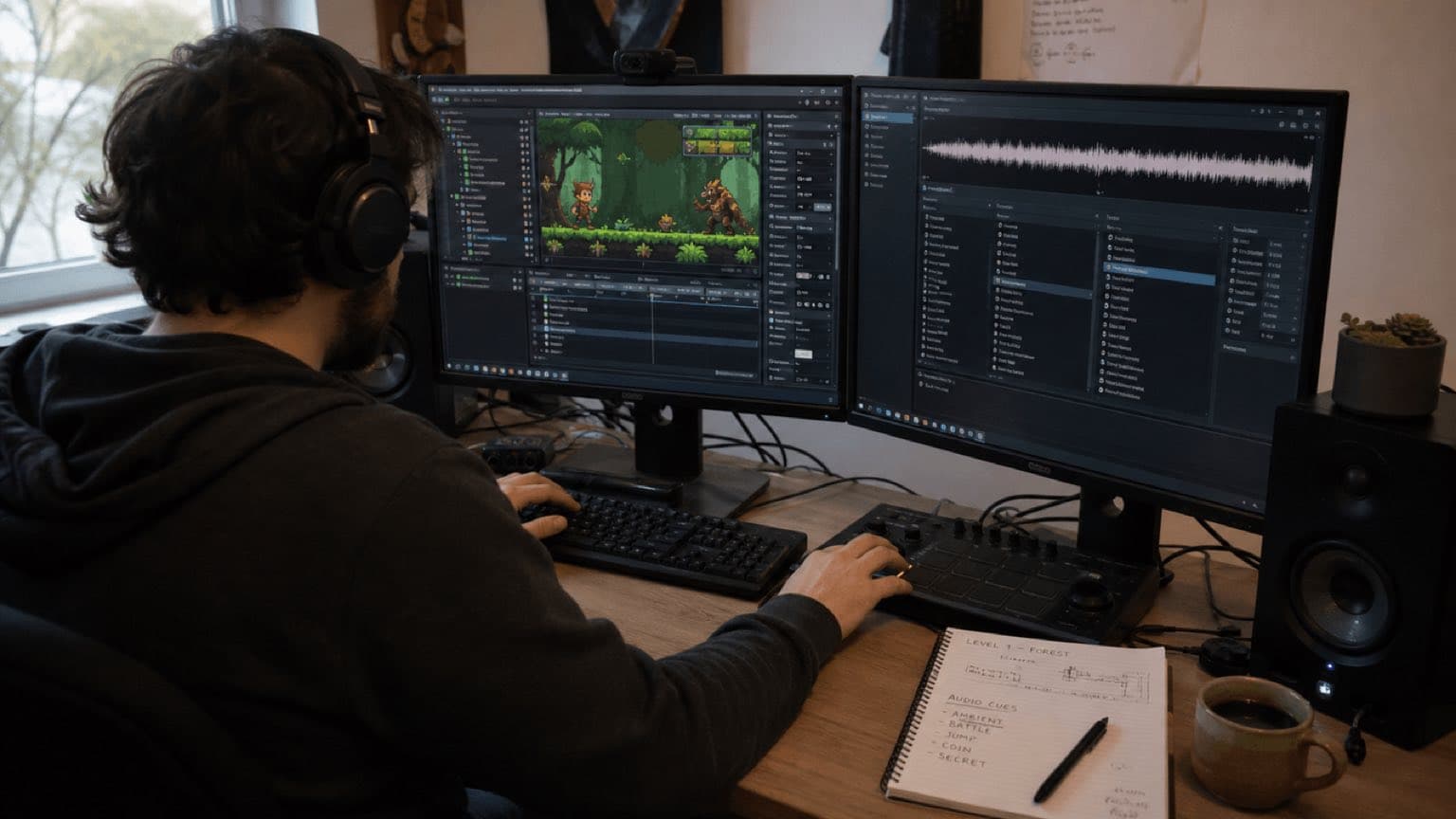 Game developer tests a 2D level and audio waveforms before importing game cues