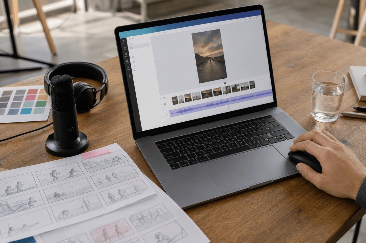 Designer adjusts a music waveform beneath video pages in a browser editor
