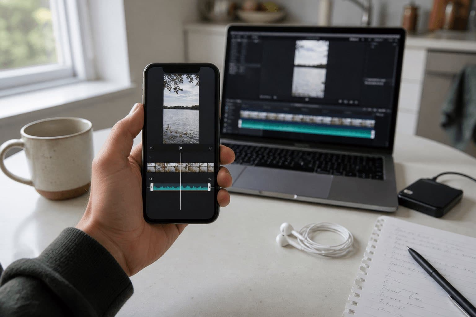 Creator adjusts a music waveform beneath a vertical video on a phone and laptop
