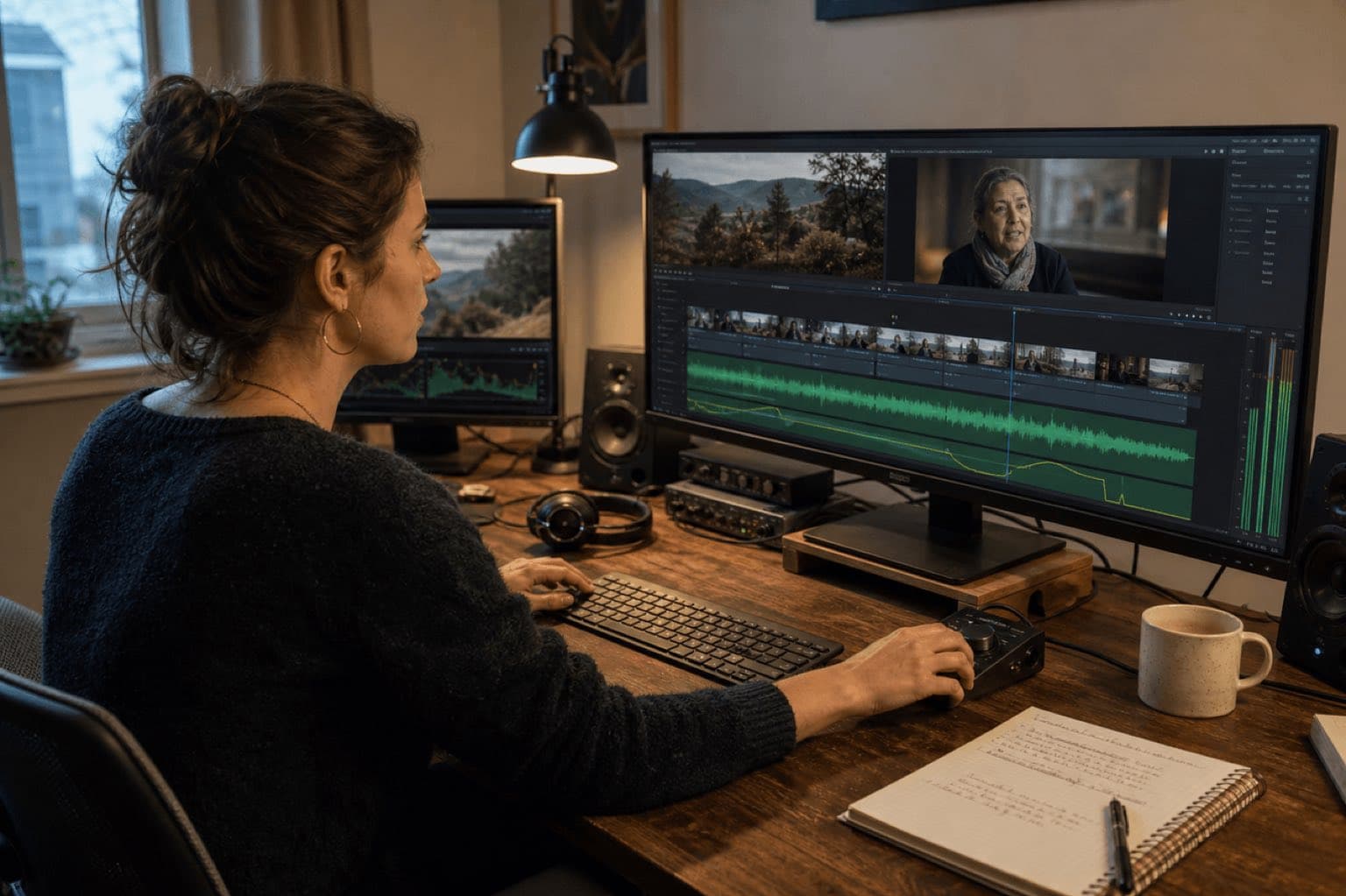 Video editor mixes a music track under a documentary interview in a small post-production studio