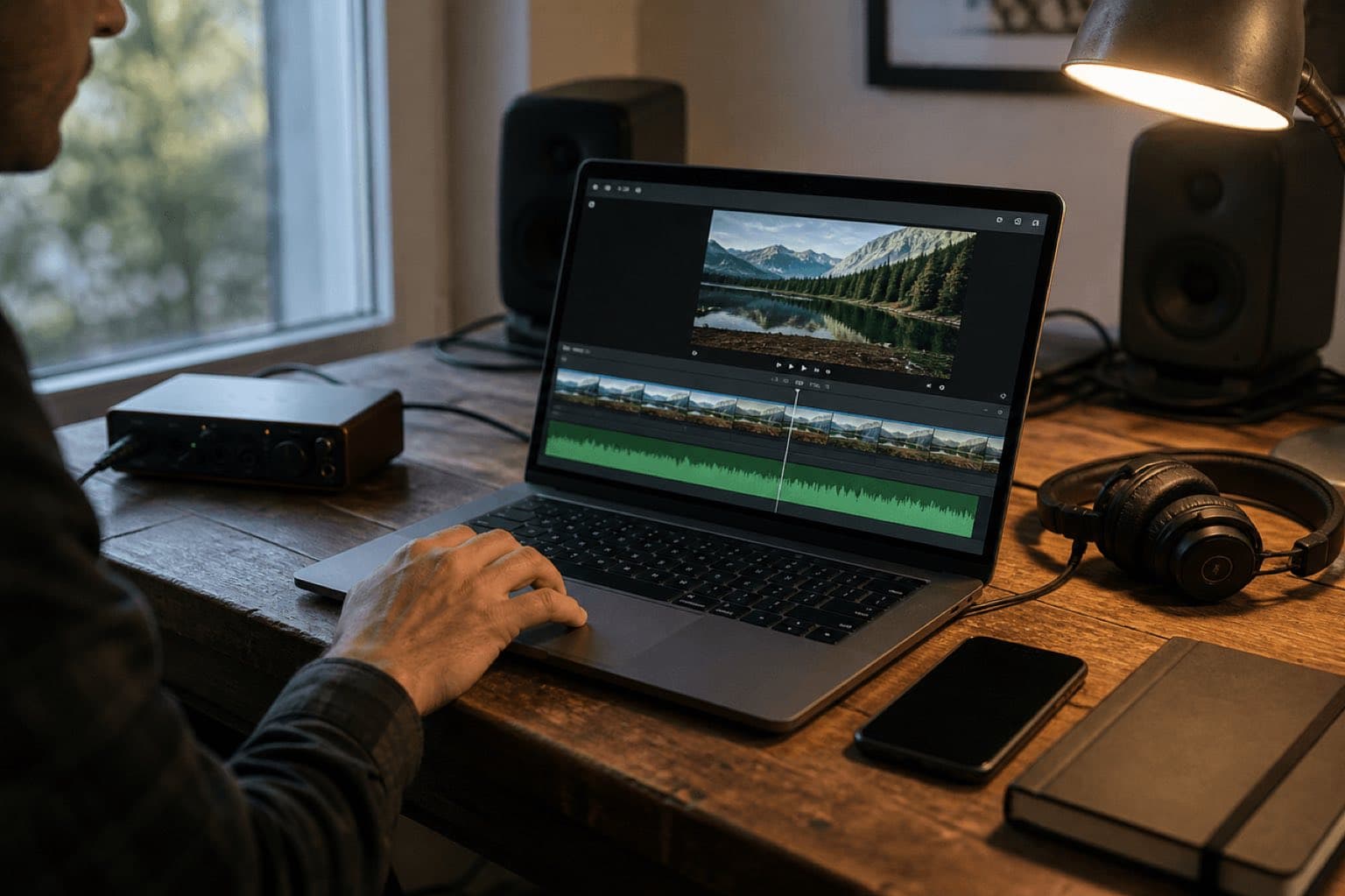 Editor works with a green music track beneath a video timeline on a laptop