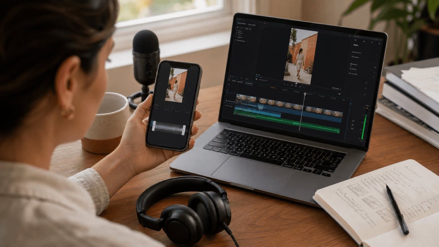 Creator compares a vertical Reel on a phone with the music timeline in an editor