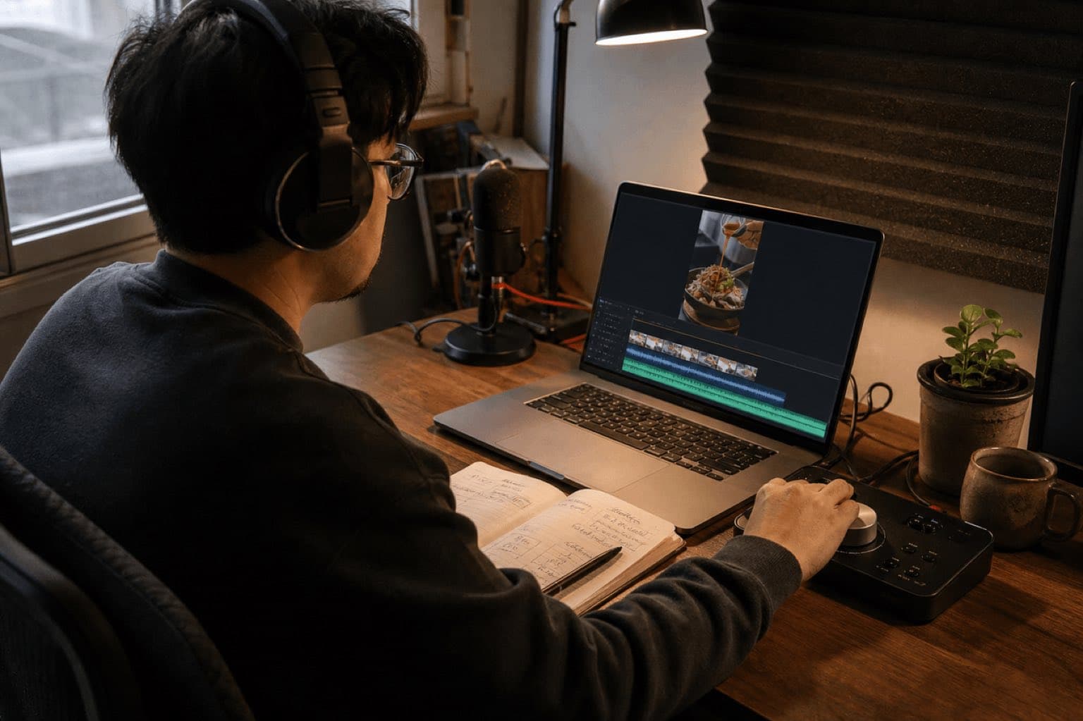 Creator mixes music and voice for a vertical short video in a home studio