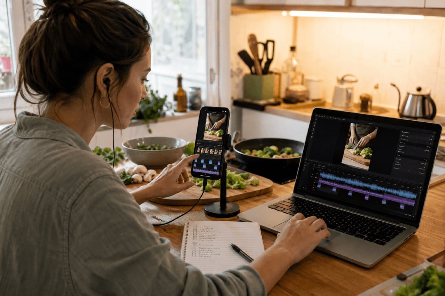 Creator synchronizes Foley and sound effects with a vertical cooking video