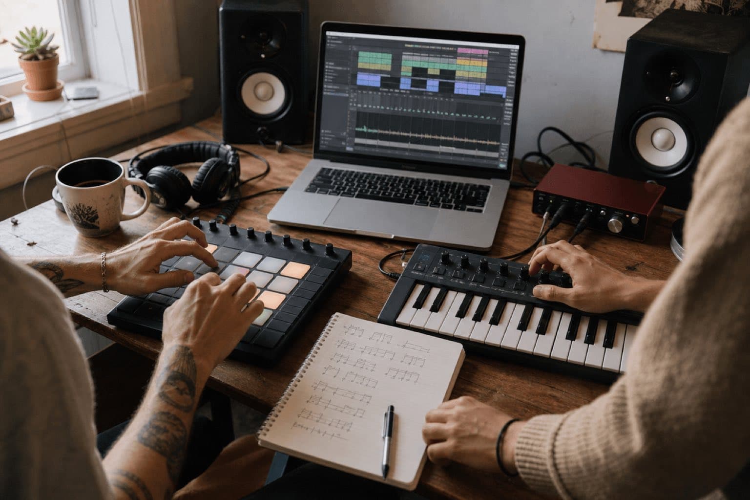 Two producers working with drum pads, a keyboard, and a DAW in a real home studio