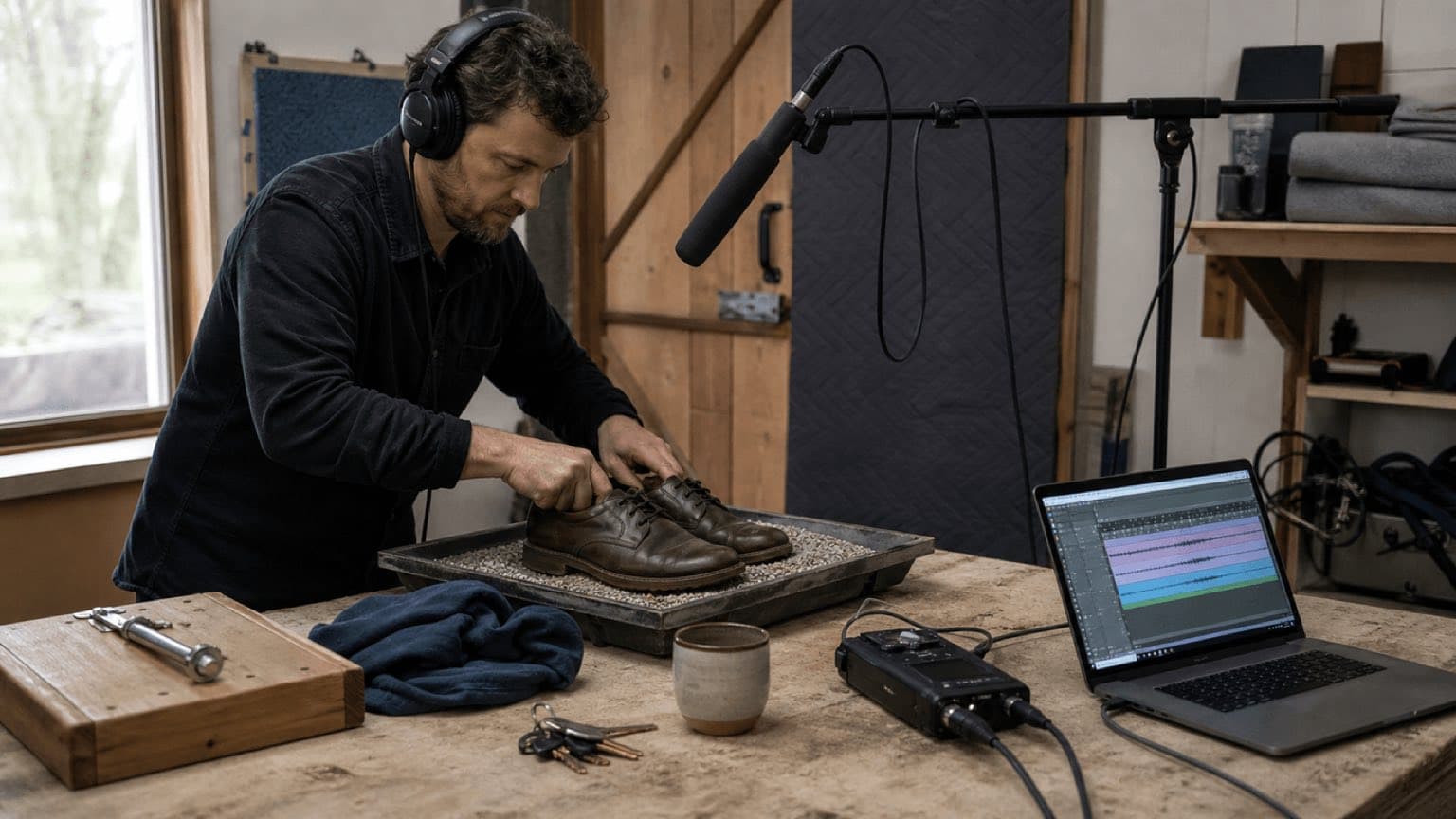 Foley artist graba shoes sobre gravel con shotgun mic y field recorder