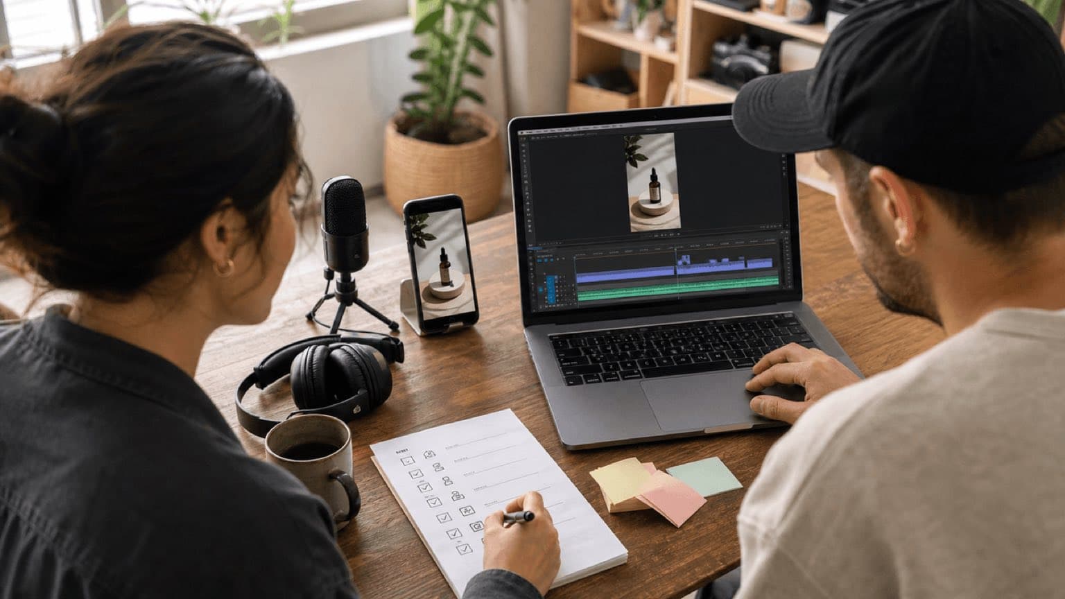 Brand creator and editor review a vertical video, audio timeline, and rights checklist