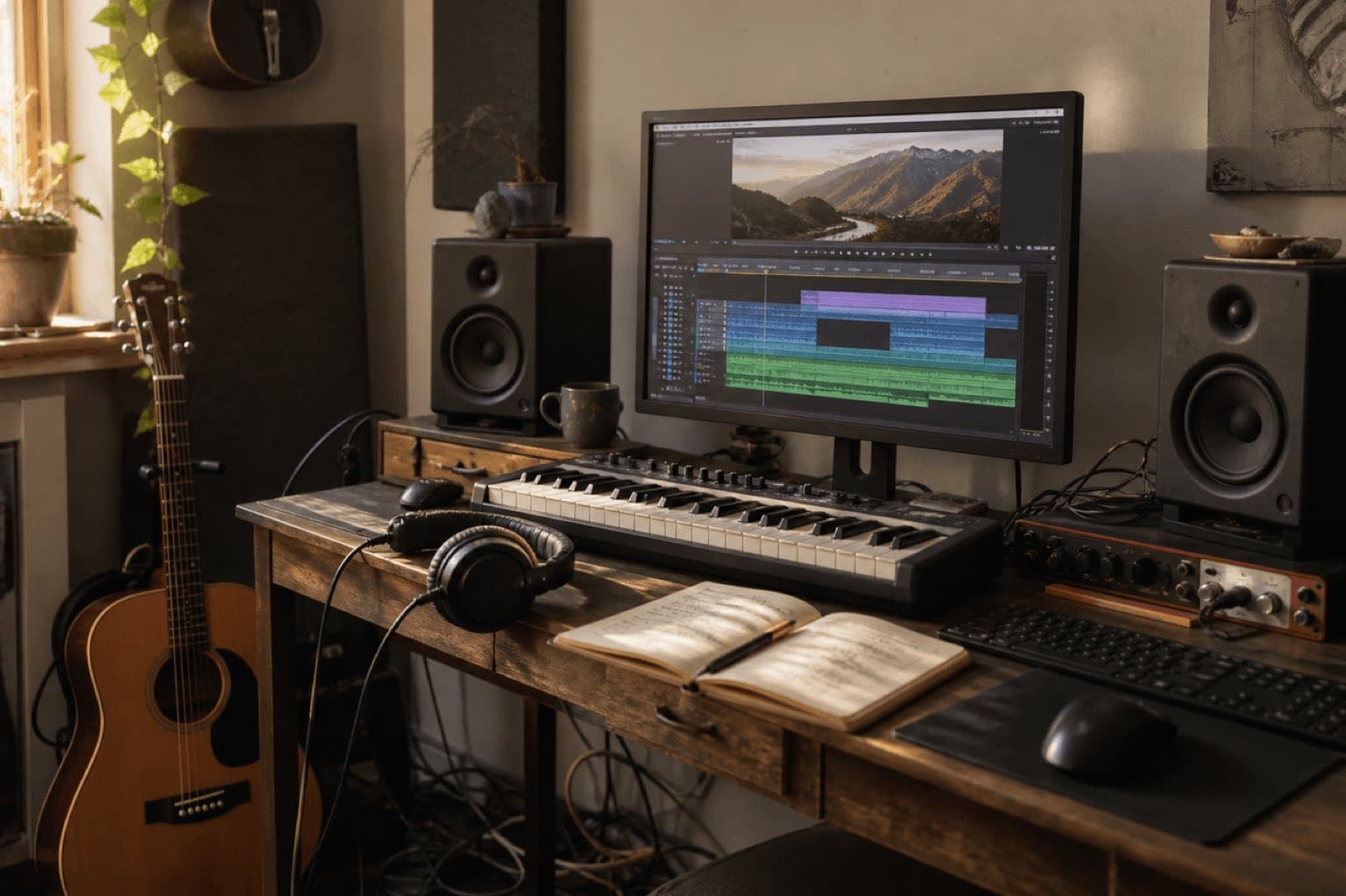 Real home studio with guitar, MIDI keyboard, headphones, and an instrumental video edit on screen