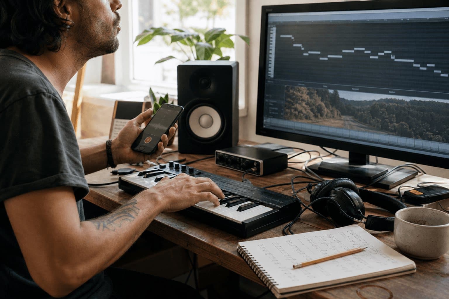 Real songwriter humming a melody beside a MIDI keyboard and video piano roll