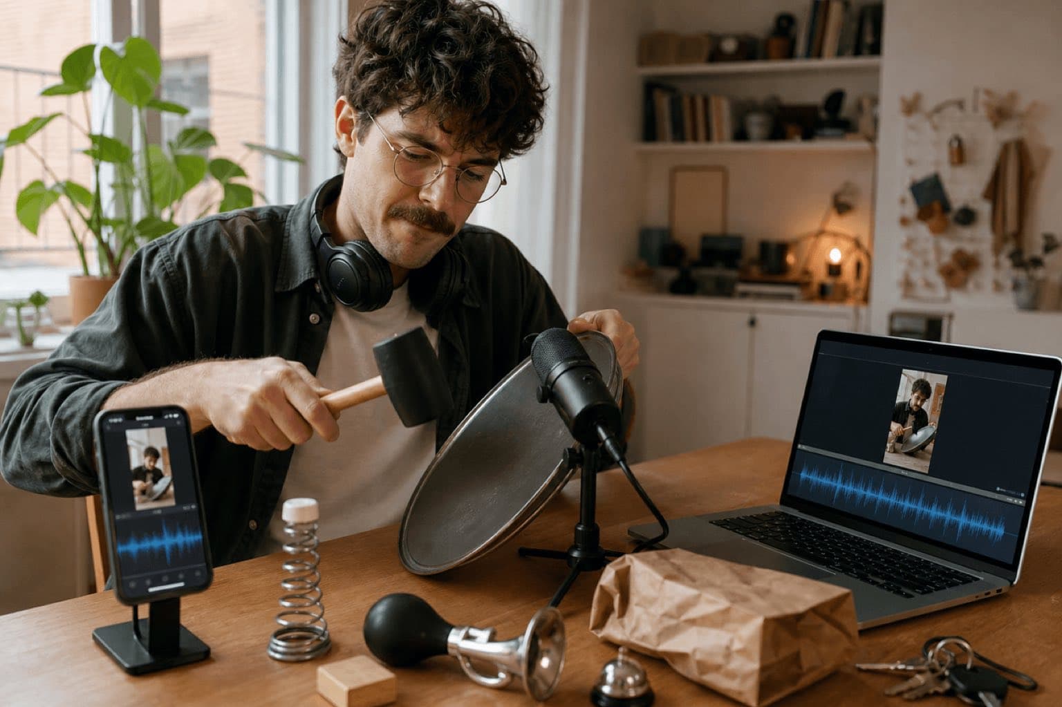 A creator records an original comedic cue with a tray and household props