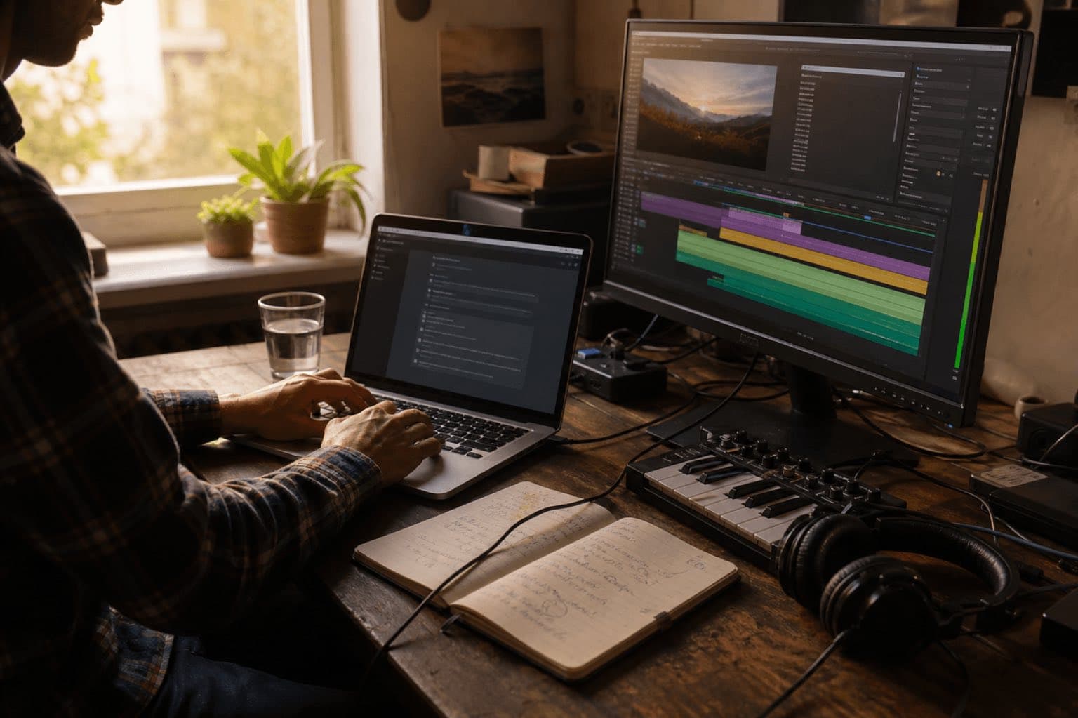 Real creator writing a music brief beside an audio and video edit