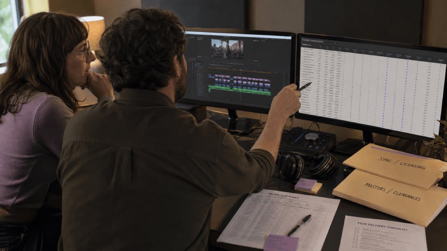 Producer and music supervisor compare a film timeline, cue sheet, and clearance matrix