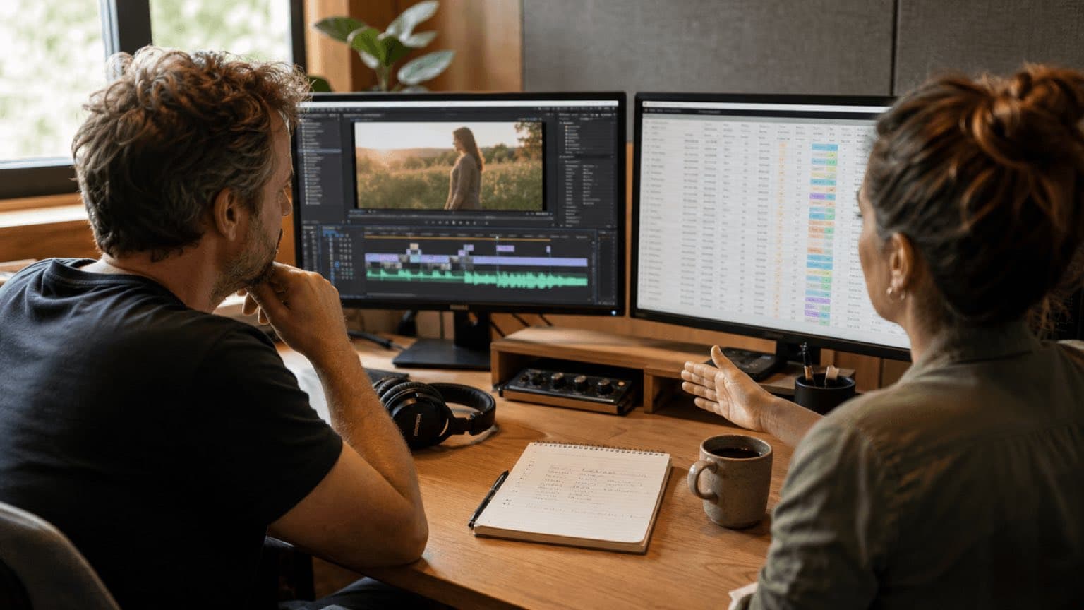 Music supervisor and producer compare a video timeline with a sync and master rights matrix