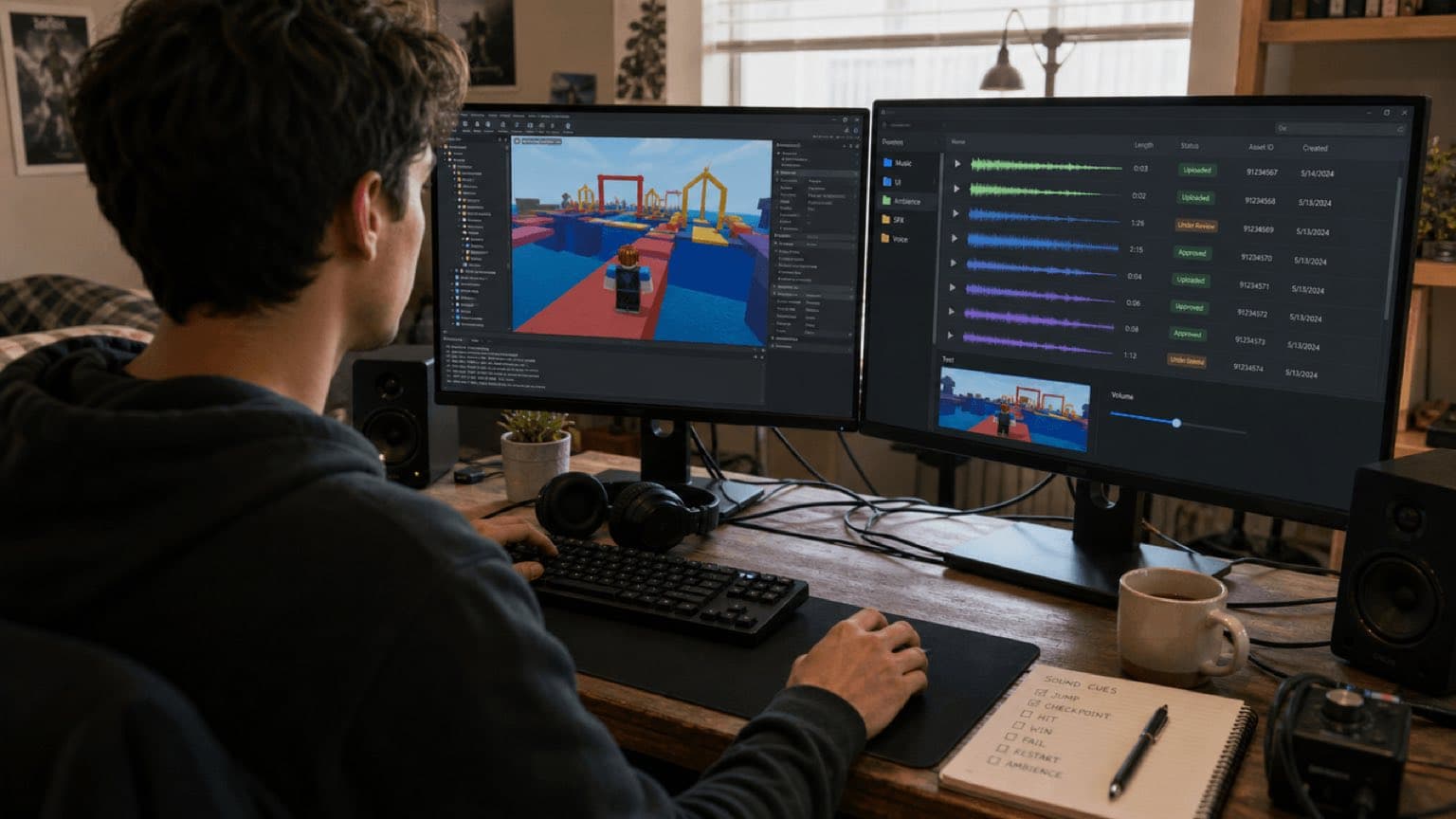 Roblox creator tests an obstacle course and reviews waveforms, moderation states, and asset IDs