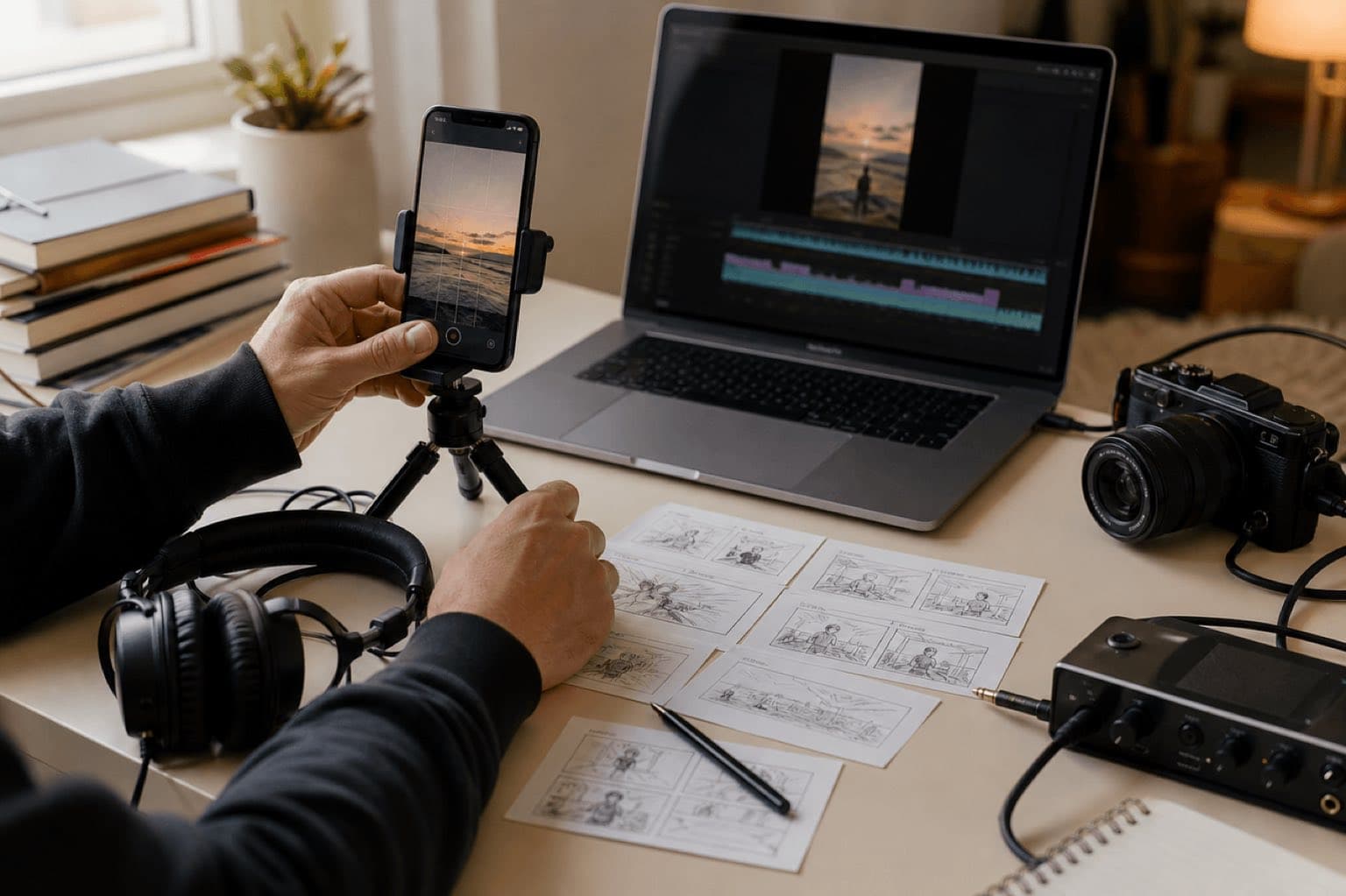 Espacio real de creación de Reels con teléfono vertical, montaje de video, auriculares y equipo de audio