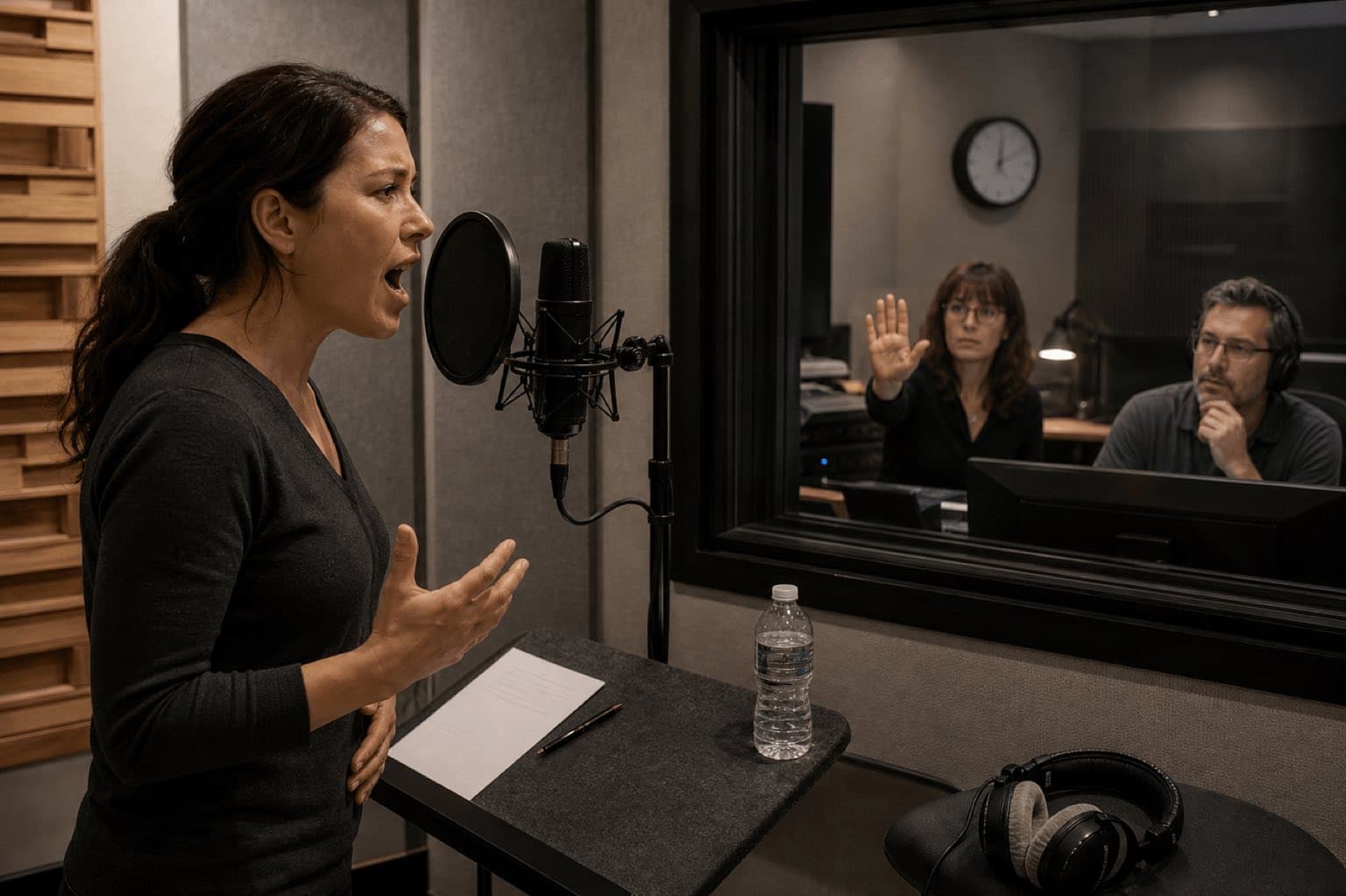 Voice actor performs a controlled reaction while a director gives a stop signal
