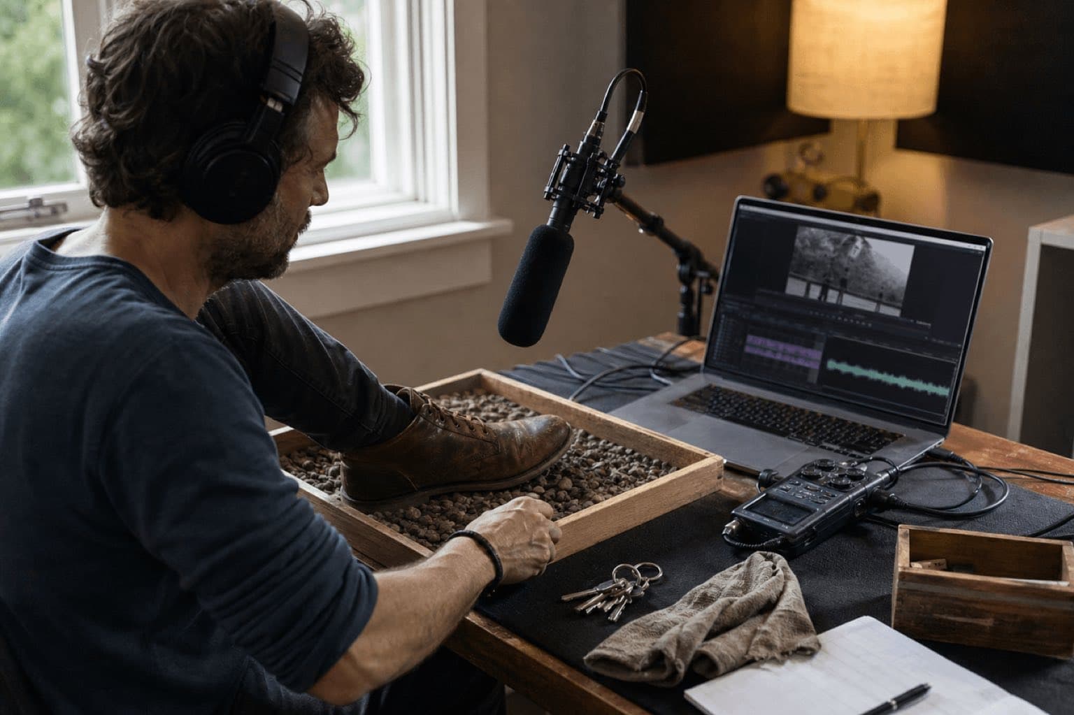 A Foley artist records a shoe on gravel while syncing to video