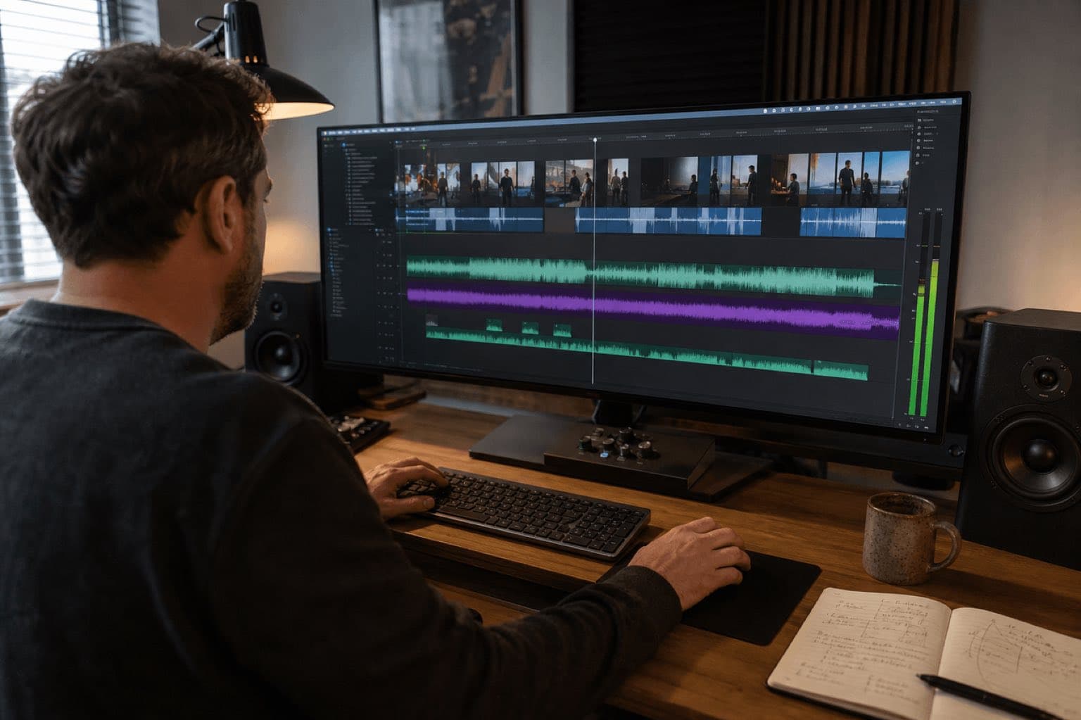 Editor works with dialogue, music, and sound effects on a trailer timeline