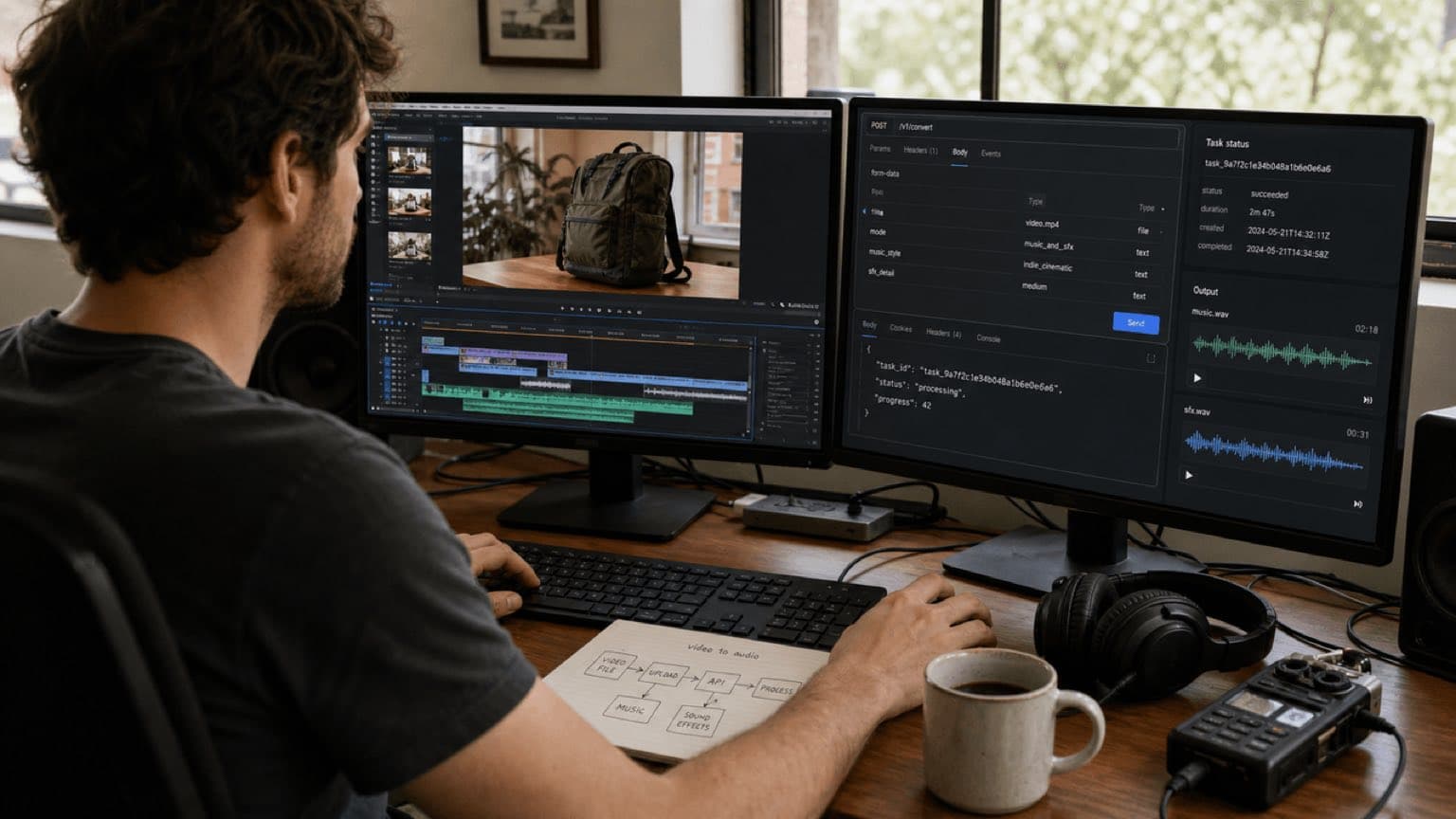 Developer tests video input, an asynchronous task, and music and SFX outputs on two displays