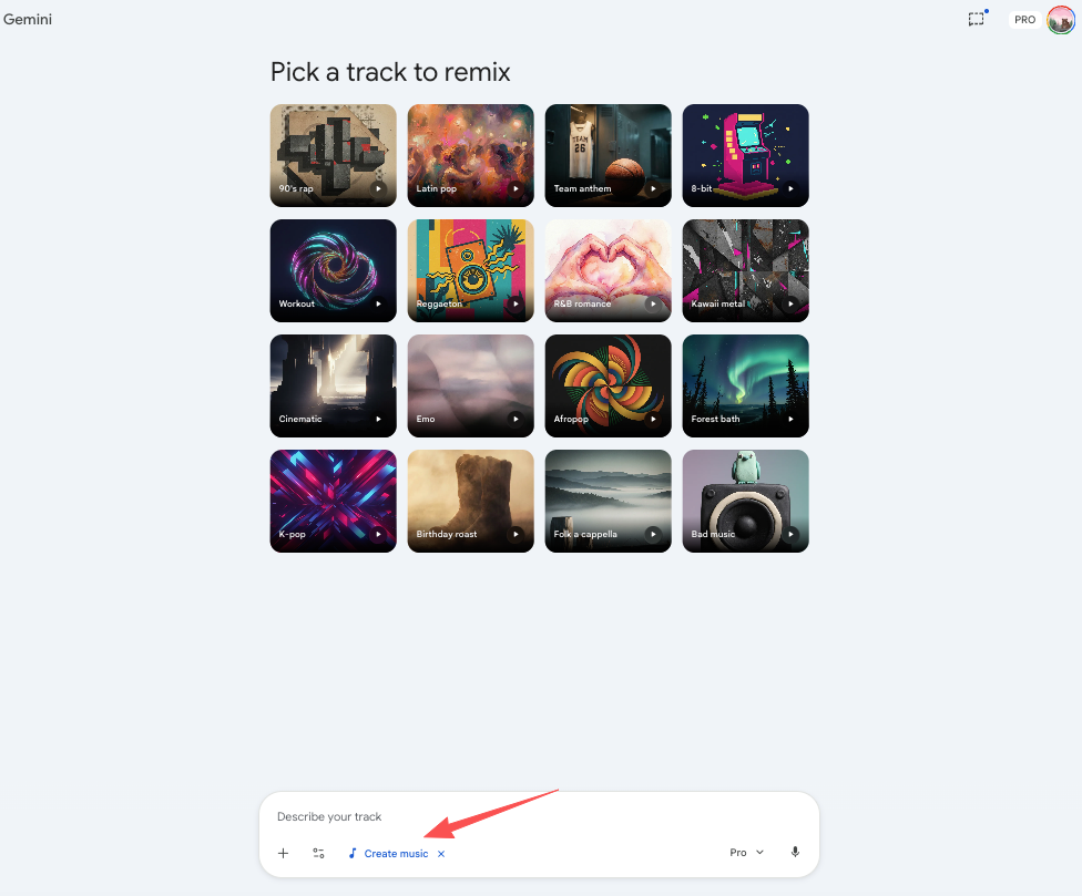 Gemini interface showing music remix options and the create tool lyria 3 pro video creators access.