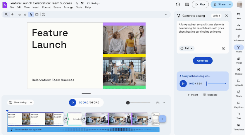 Using lyria 3 pro video soundtrack tools to generate a funky upbeat background song inside a video editor.