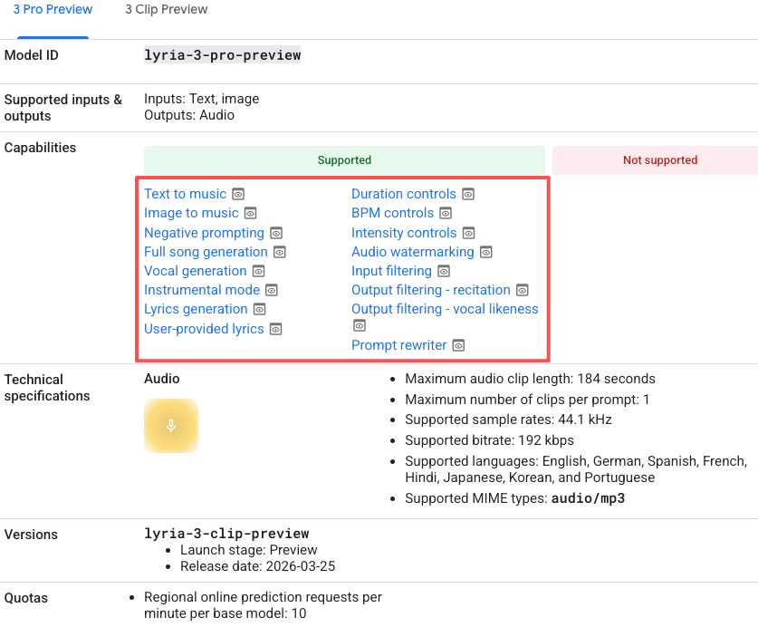 A detailed specifications chart showcasing the advanced capabilities of lyria 3 pro video soundtrack tools.