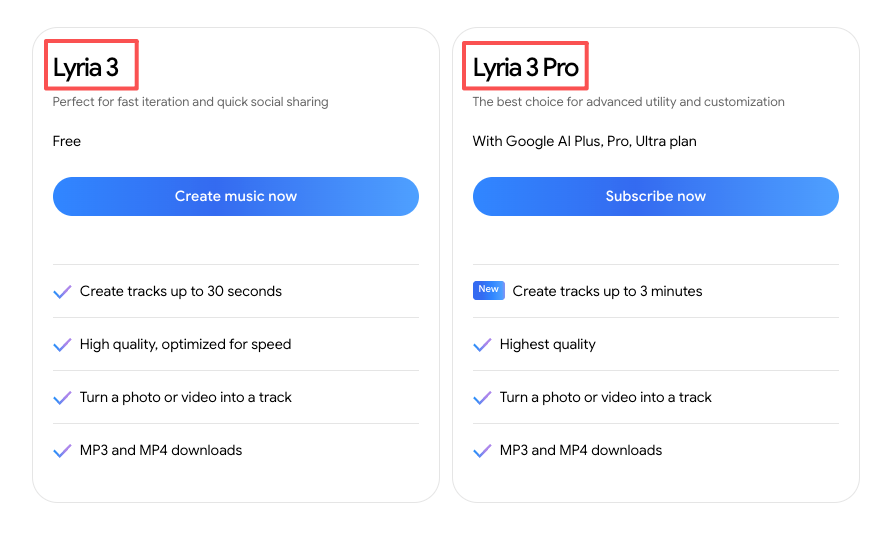 Feature list comparing the free tier to lyria 3 pro video creators use for tracks up to three minutes.