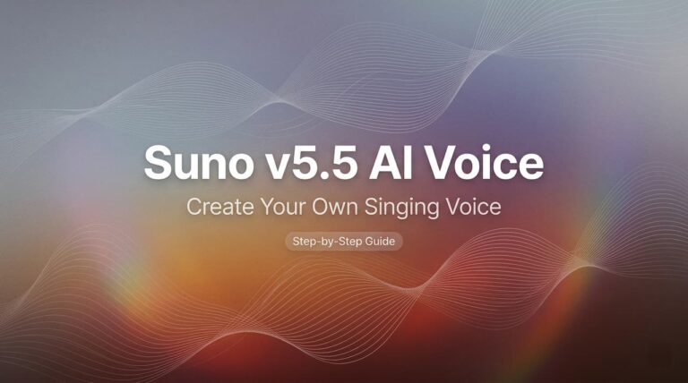 Complete 2026 guide banner for creating your own custom sound using the new suno v5.5 voices feature and colorful soundwave.
