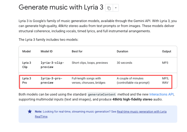 API documentation table showing full-length song features for evaluating lyria 3 pro vs udio capabilities.