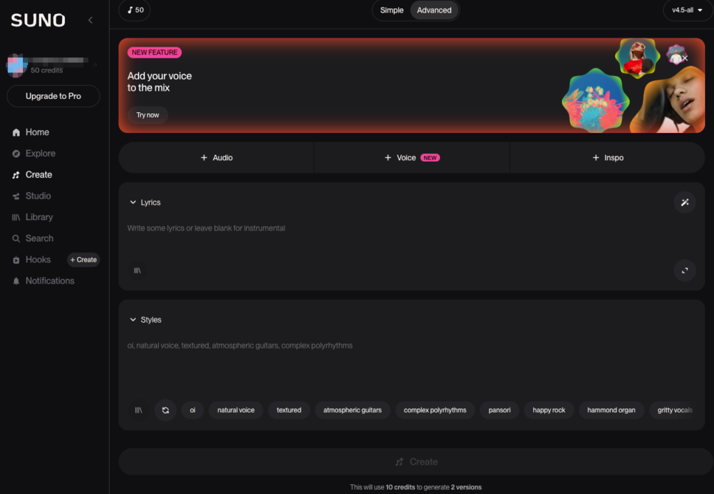 Advanced audio creation interface to customize vocals and styles in your suno for video soundtrack.