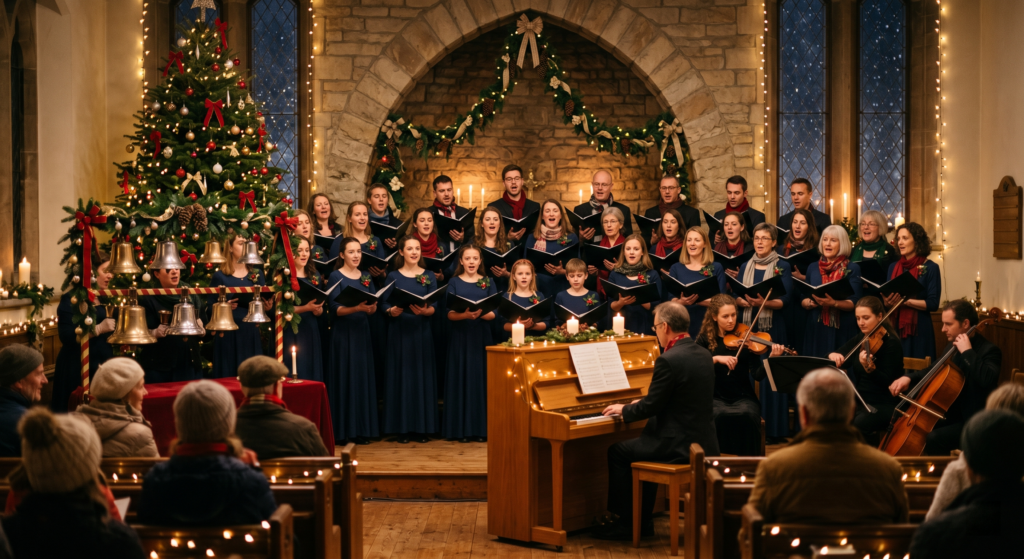 A choir performs festive royalty free background music holiday songs in a church setting.