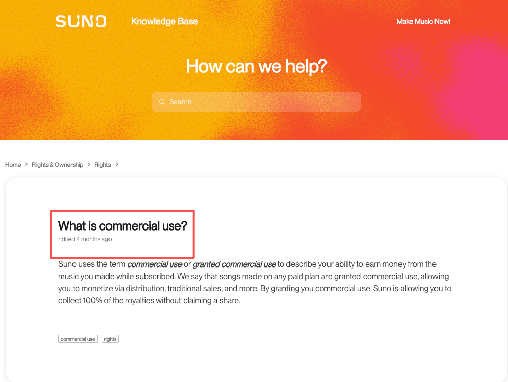 Suno knowledge base explaining commercial use rights for your suno for video soundtrack.
