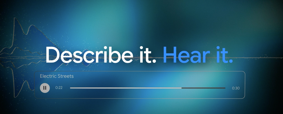 Describe it hear it audio waveform graphic demonstrating the music generation features of lyria 3 pro google vids.