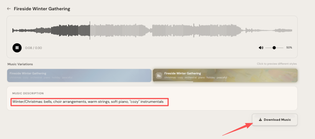An interface to download cozy royalty free background music holiday instrumental tracks.